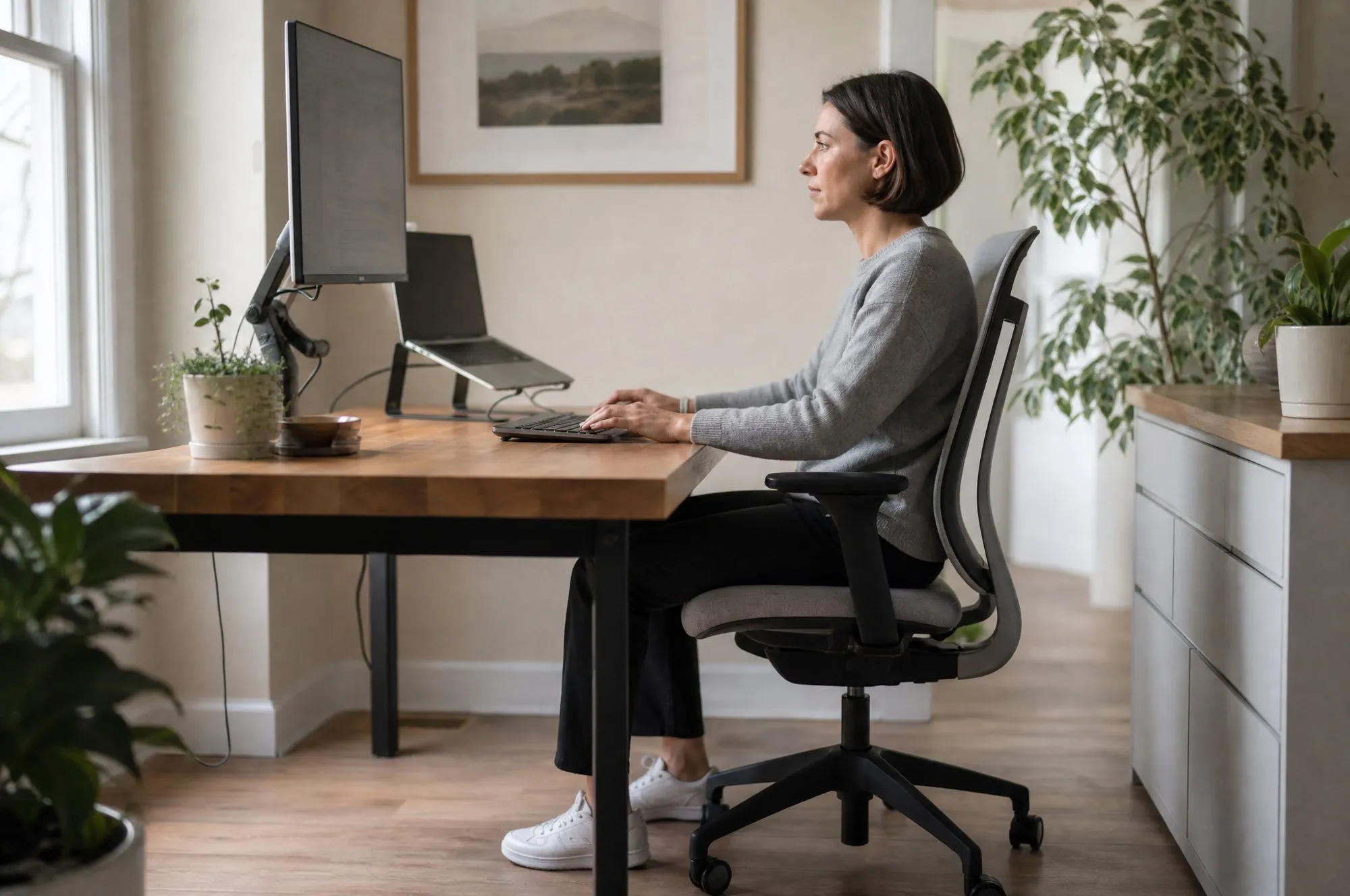 Vrouw werkt rechtop aan een laptop met het scherm op ooghoogte